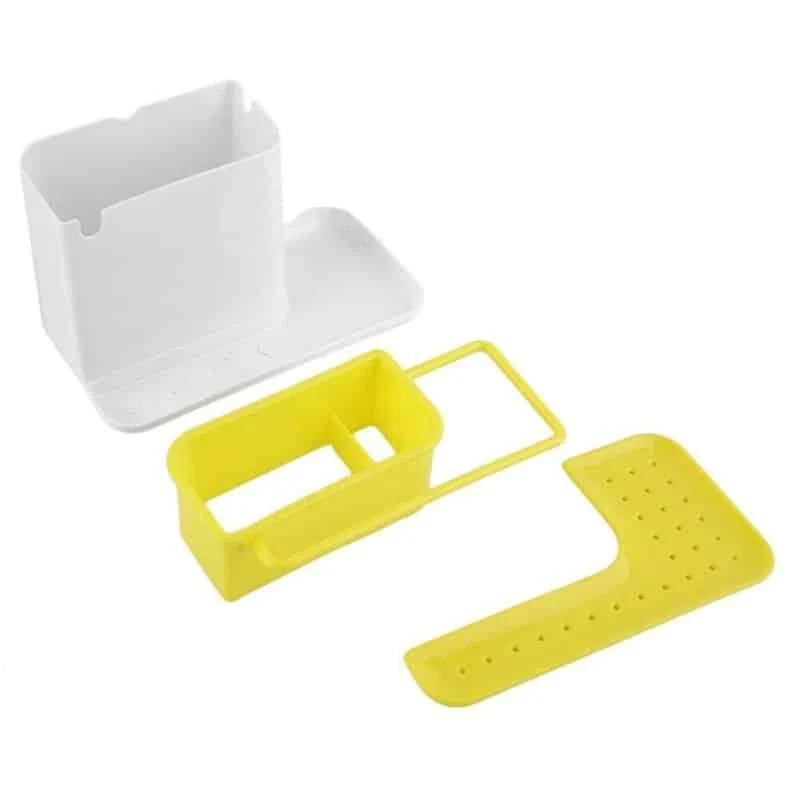 Multifunctional sink organizer with storage compartments, drying rail, and drip tray for a tidy kitchen countertop