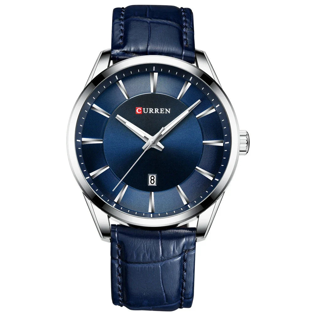 Stylish waterproof men's round belt watch in various color options, including black and white, coffee and white, blue and white, coffee and gold, and gold and black.
