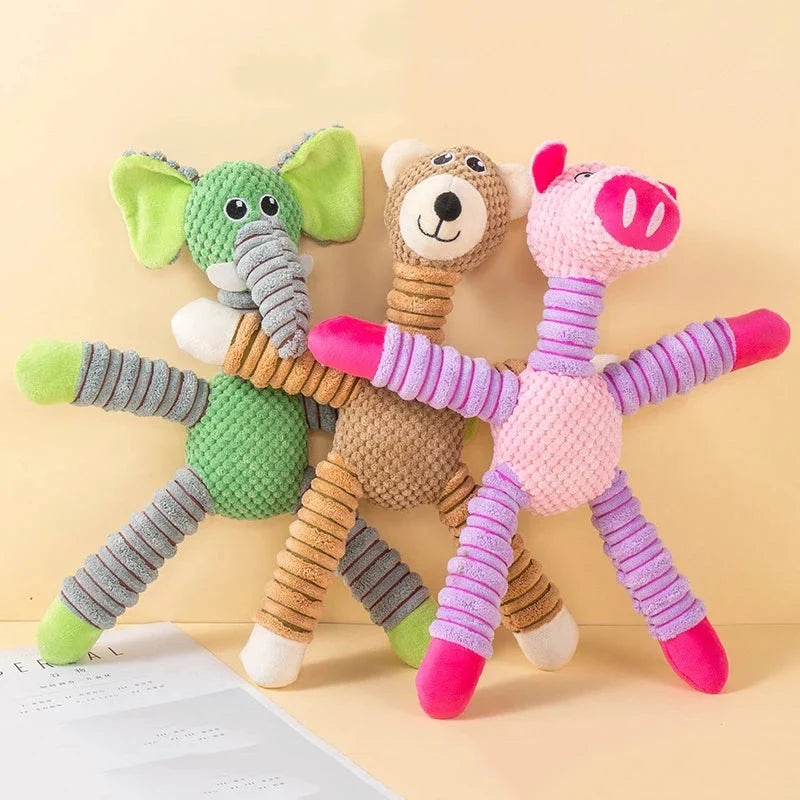 A high-quality plush pet toy with a squeaker, designed to be durable and promote dental health through interactive play.