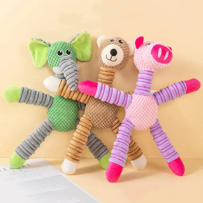 A high-quality plush pet toy with a squeaker, designed to be durable and promote dental health through interactive play.