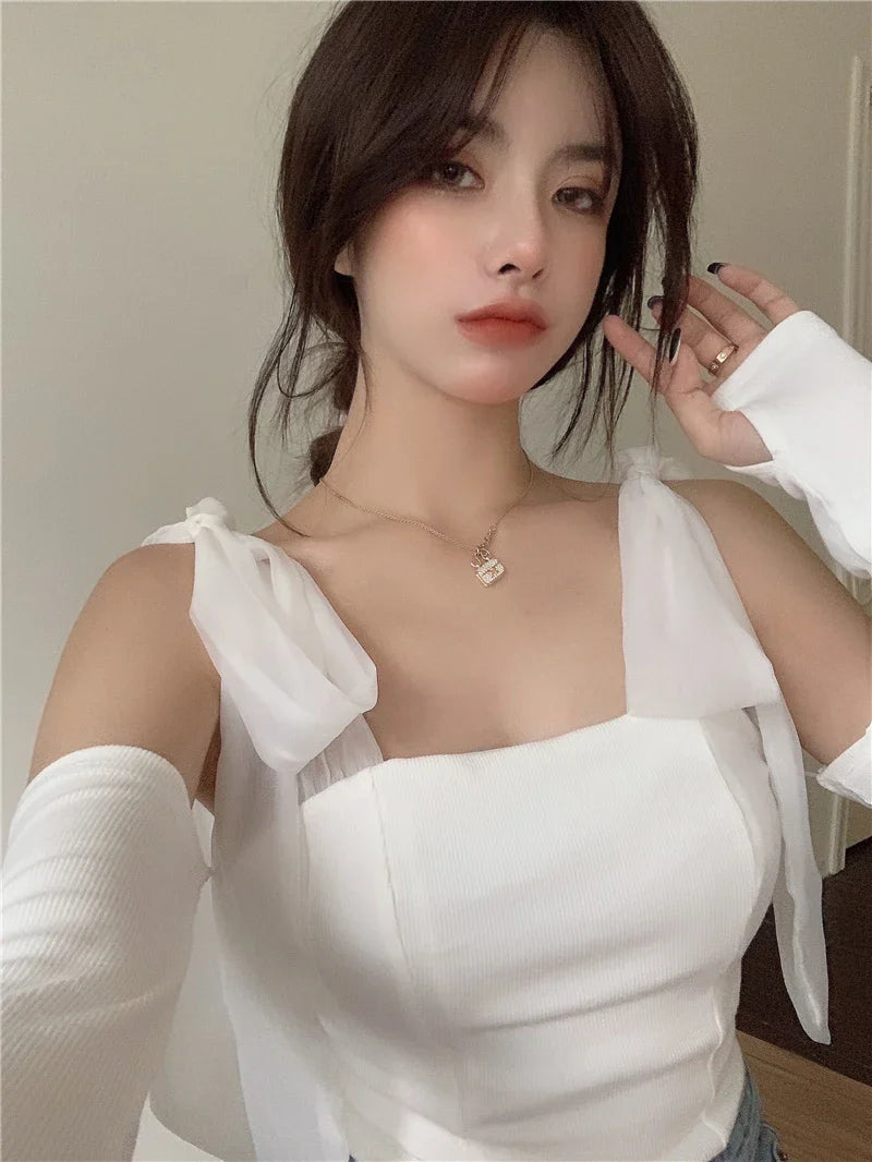 Chic knitted white tank top with bow accent, one size fits all, premium polyester fabric