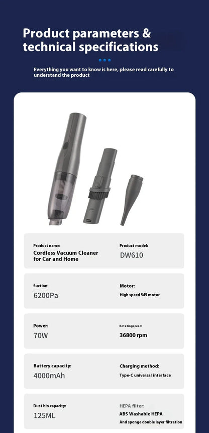 Cordless vacuum cleaner with wireless charging capabilities, powerful suction, and versatile blower function for cleaning home and car