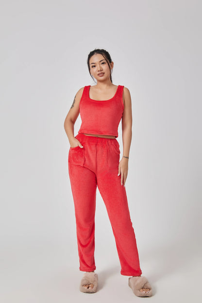 Cozy 3-piece loungewear set in pastel colors including crop top, wide-leg pants, and matching cardigan