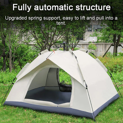 Family camping tent with easy automatic setup, durable 190T polyester fabric, and spacious interior for comfortable outdoor adventures.