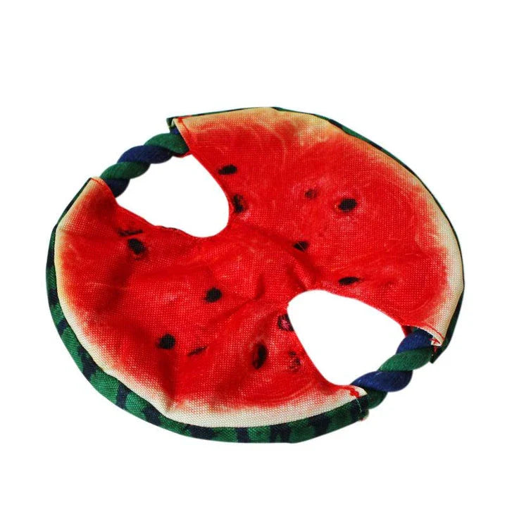 Durable canvas watermelon-themed frisbee toy for dogs, perfect for outdoor fetch and play sessions
