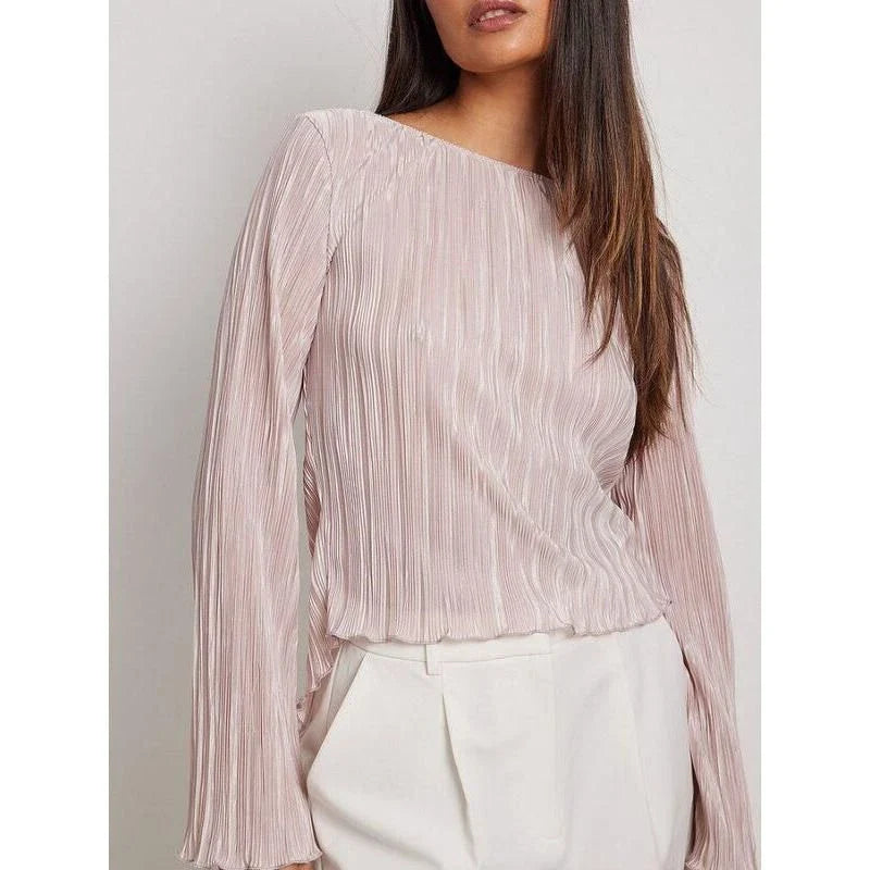 Chic pink lace-up summer bodycon blouse with delicate butterfly sleeves and pleated design