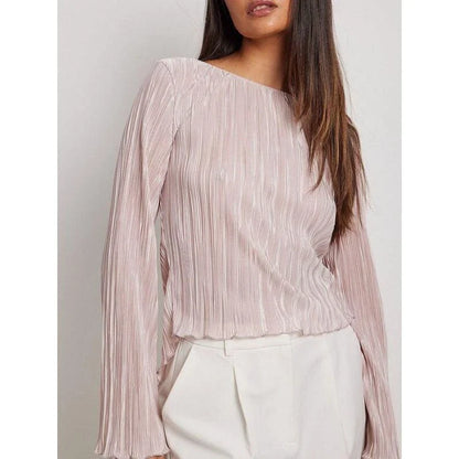 Chic pink lace-up summer bodycon blouse with delicate butterfly sleeves and pleated design