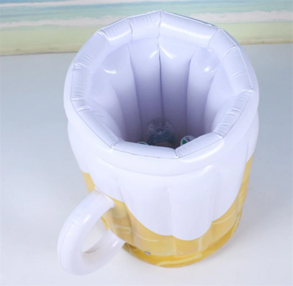 Oversized inflatable beer mug-shaped pool float with built-in cup holder for keeping drinks chilled and secure