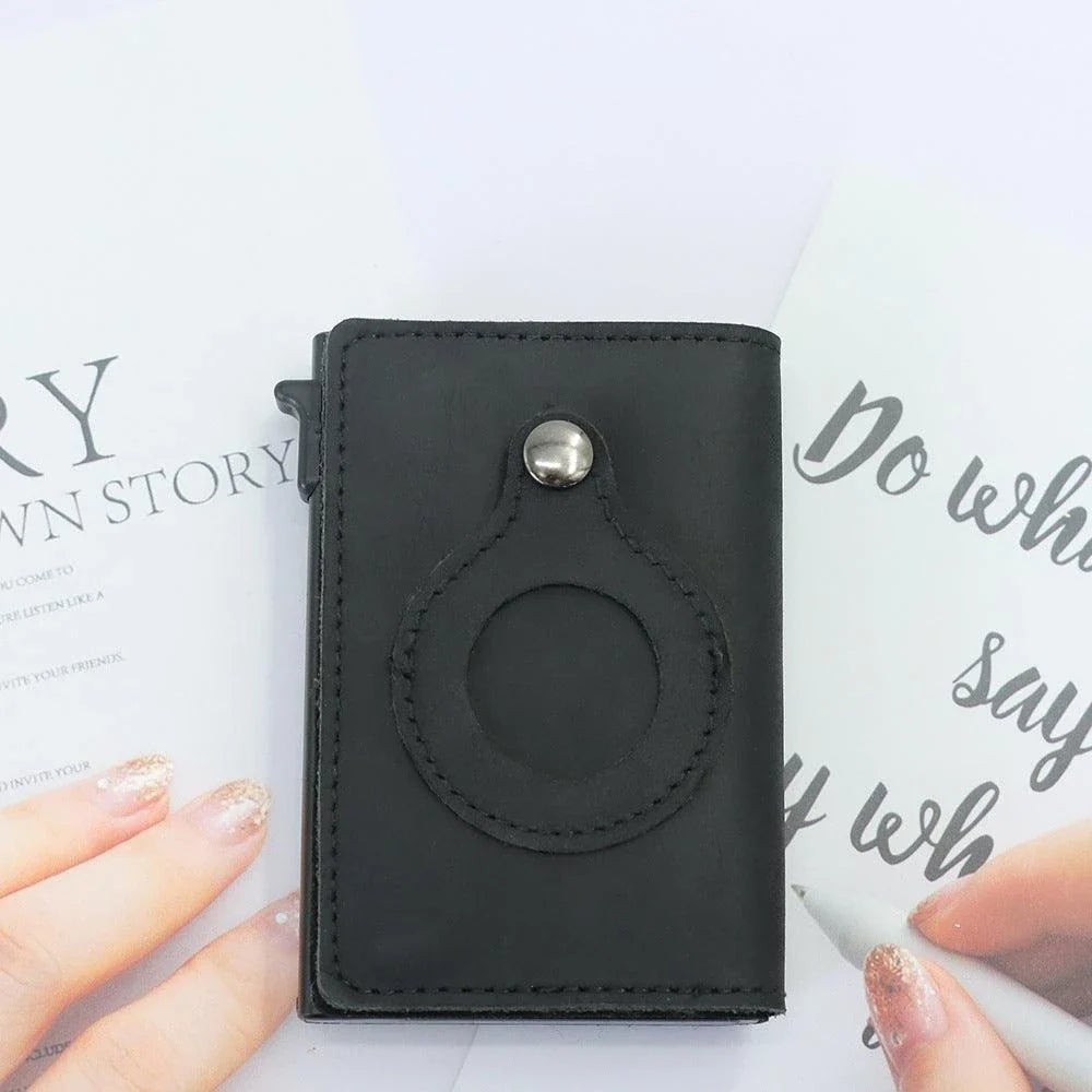 Automatic leather card wallet with anti-loss tracking feature, made with premium cowhide leather and aluminum alloy for secure and convenient card storage.