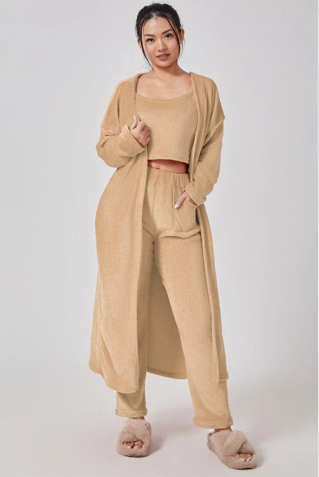 Cozy 3-piece loungewear set in pastel colors including crop top, wide-leg pants, and matching cardigan