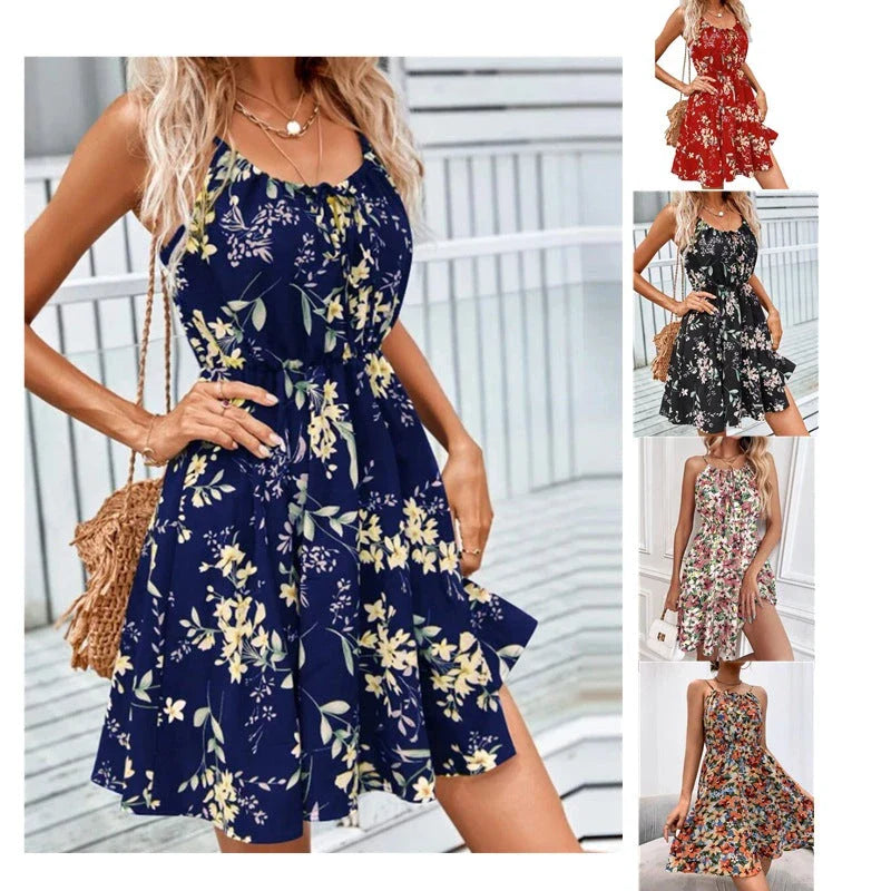 A stylish floral print suspender dress with an elastic waist, perfect for summer fashion and casual or dressy occasions.