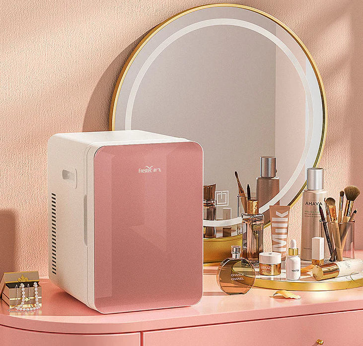 Compact 8L dual-purpose car and home refrigerator in white color, designed for use in bedrooms, dorms, and during travel