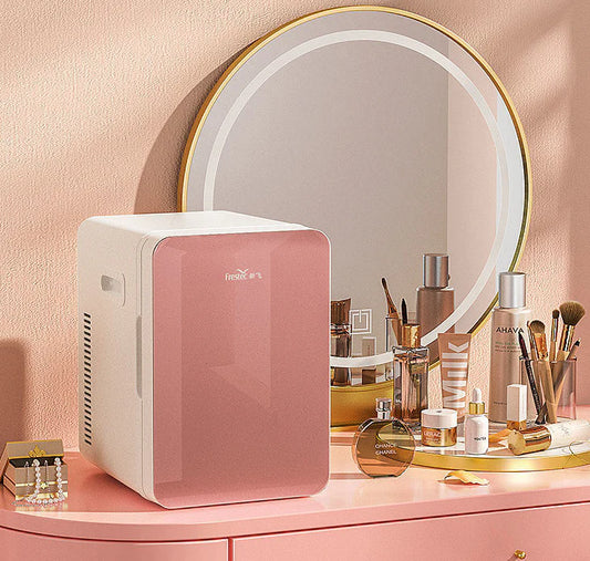 Compact 8L dual-purpose car and home refrigerator in white color, designed for use in bedrooms, dorms, and during travel