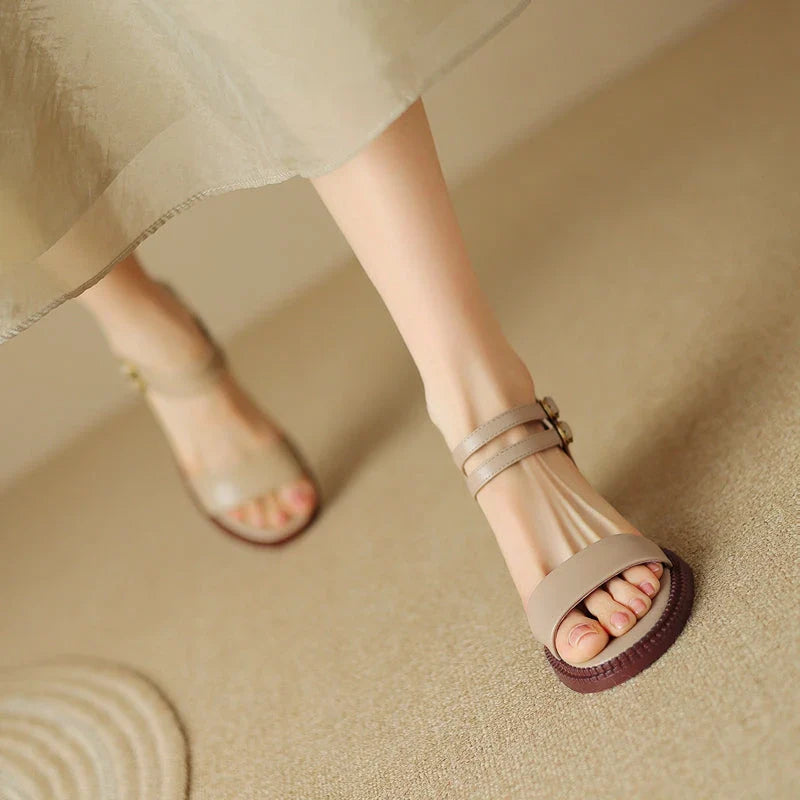 Elegant retro high heel leather sandals in khaki color with a sleek magic strap closure for a customized fit