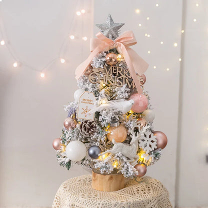 Festive Illuminated Snow-Blowing Christmas Tree Desk Decor with Pink Snow Spray and Warm LED Lighting
