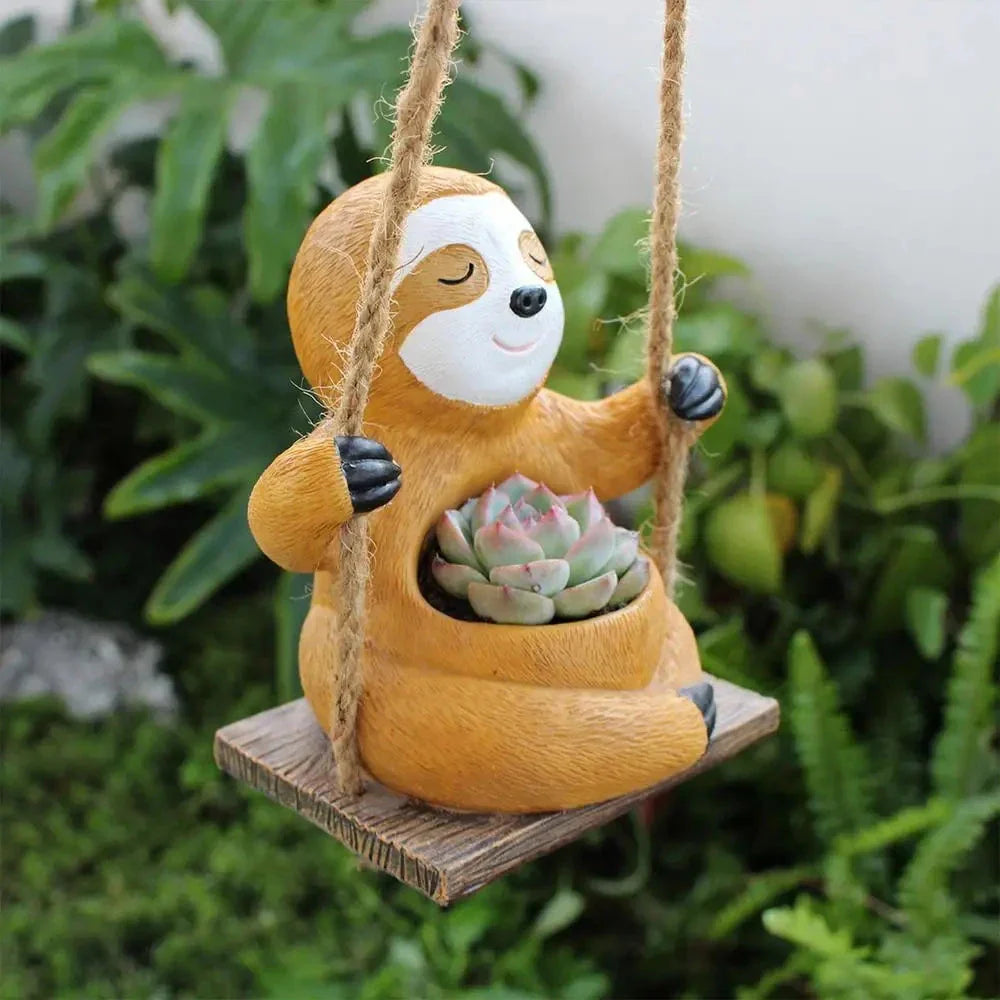 Charming Swing Sloth Planter - Decorative Resin Flower Pot for Home and Garden Decor