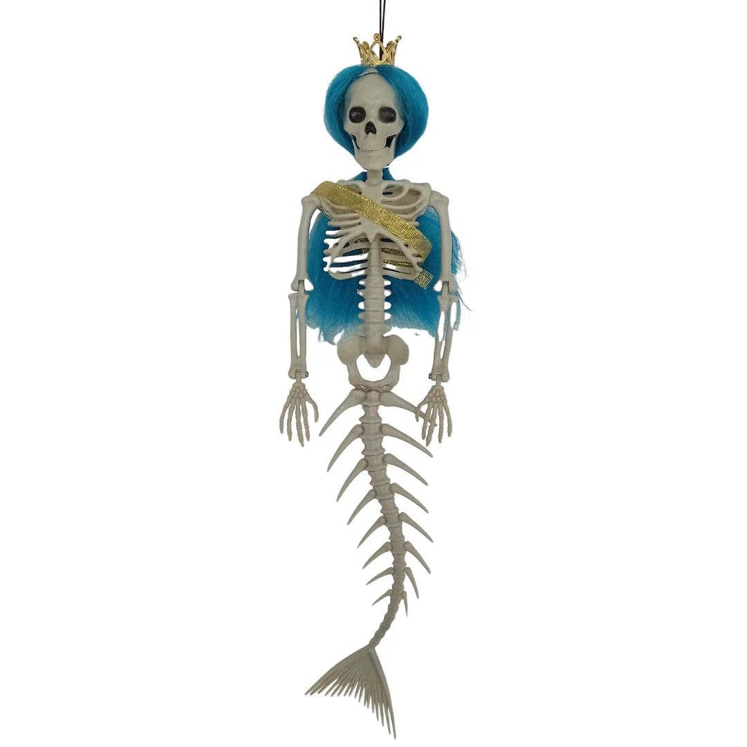 Mermaid bone pendant in various colors, including brown, dark purple, burgundy, and lake blue, hanging outdoors for Halloween decoration