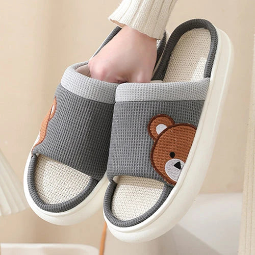 Cozy cartoon bear design linen slippers with non-slip, breathable sole for comfortable indoor wear