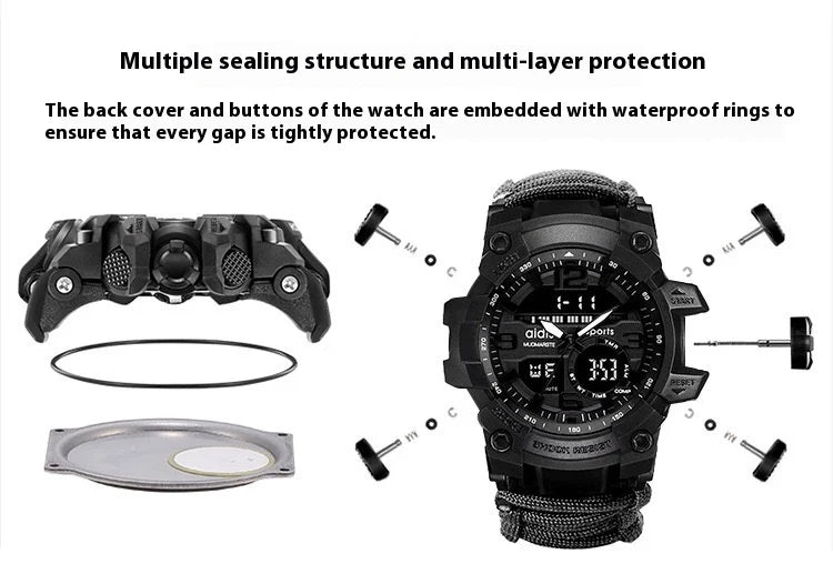 Outdoor survival watch with compass, parachute cord, and water-resistant design for rugged adventures