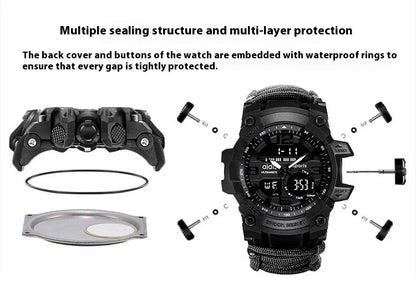 Outdoor survival watch with compass, parachute cord, and water-resistant design for rugged adventures