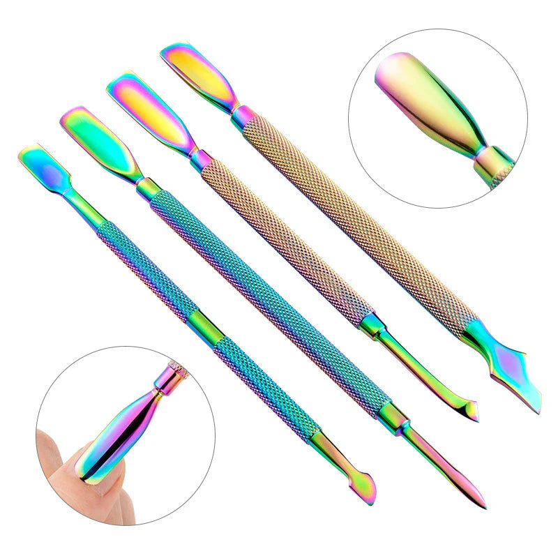 Premium stainless steel chameleon rainbow dual-ended cuticle pusher for salon-quality nail care at home