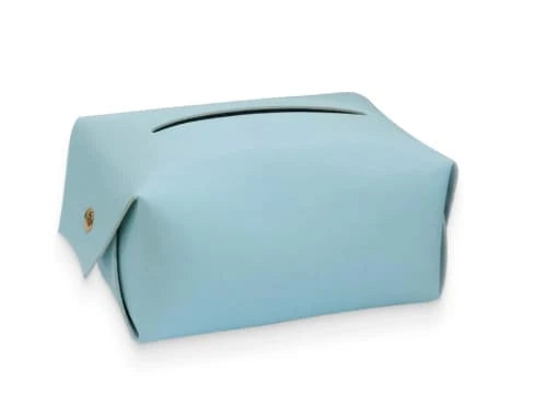 Blue polyurethane leather tissue box cover with snap-and-hold design for secure placement in car