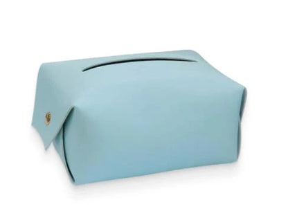 Blue polyurethane leather tissue box cover with snap-and-hold design for secure placement in car