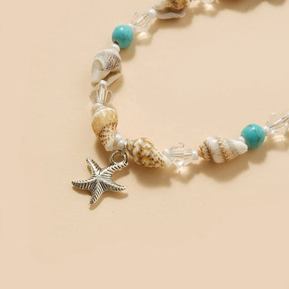 Charming starfish and crystal beaded anklet in white and blue color, a stylish accessory for summer fashion