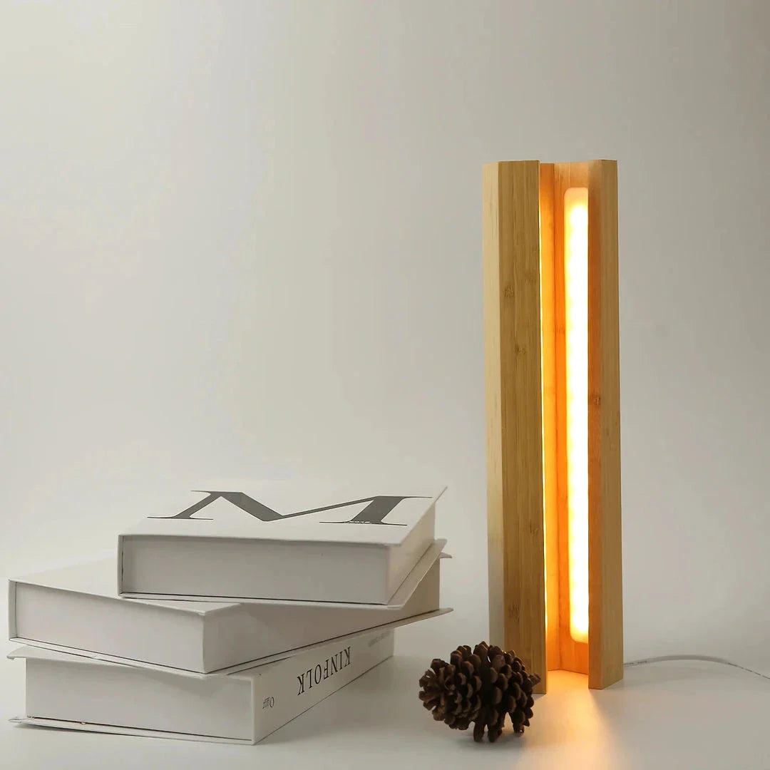 Elegant bamboo LED table lamp with adjustable brightness and soft, soothing light