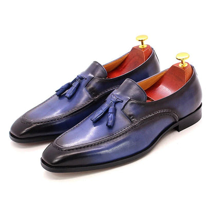 Premium casual leather loafers for men in black, brown, and blue colors with a sleek, low-profile design and durable rubber soles