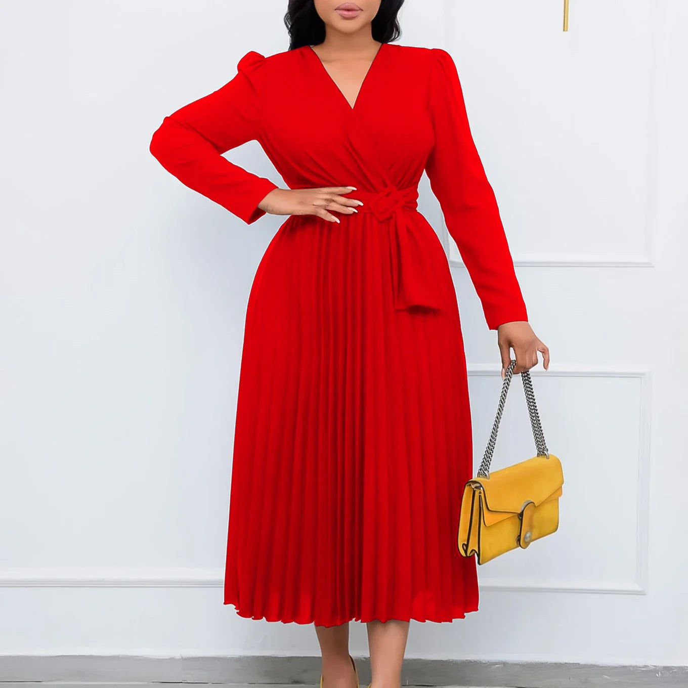 Luxurious long sleeve pleated Africa dress with lace-up neckline, available in multiple colors and sizes