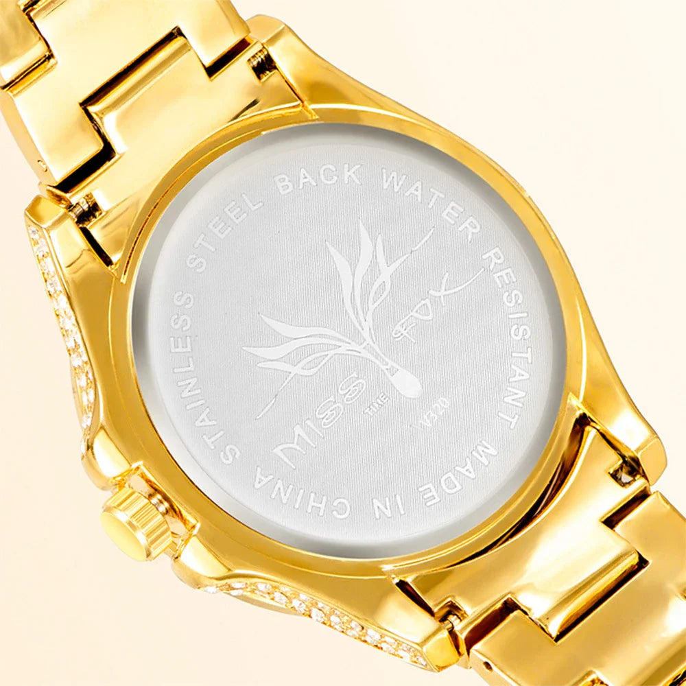 American-designed diamond-encrusted waterproof quartz watch with gold-plated stainless steel construction