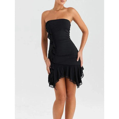 Elegant strapless ruffled mini dress in black featuring a bodycon silhouette and backless design for a chic, glamorous look.