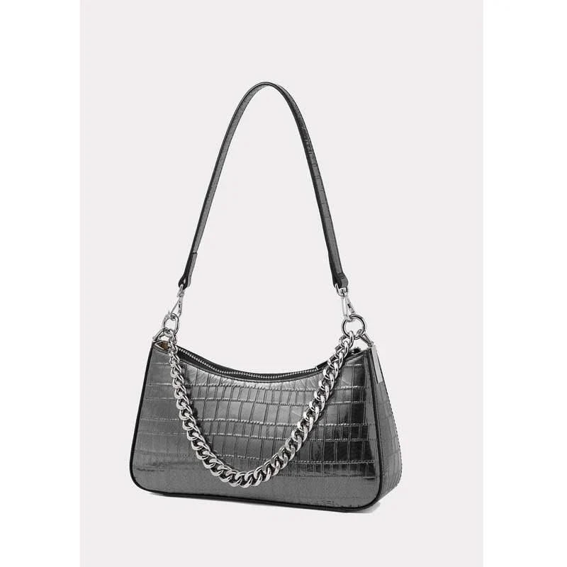 Elegant alligator print leather shoulder bag with chic chain decoration, versatile hobo shape, and interior organization pockets