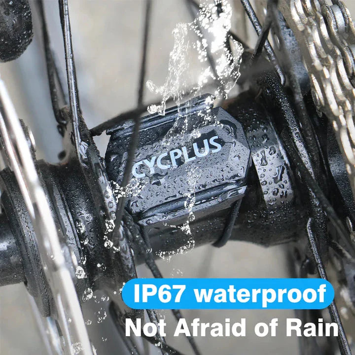Dual-mode cadence and speed sensor for cycling, featuring Bluetooth and ANT+ connectivity, waterproof design, and extended battery life.