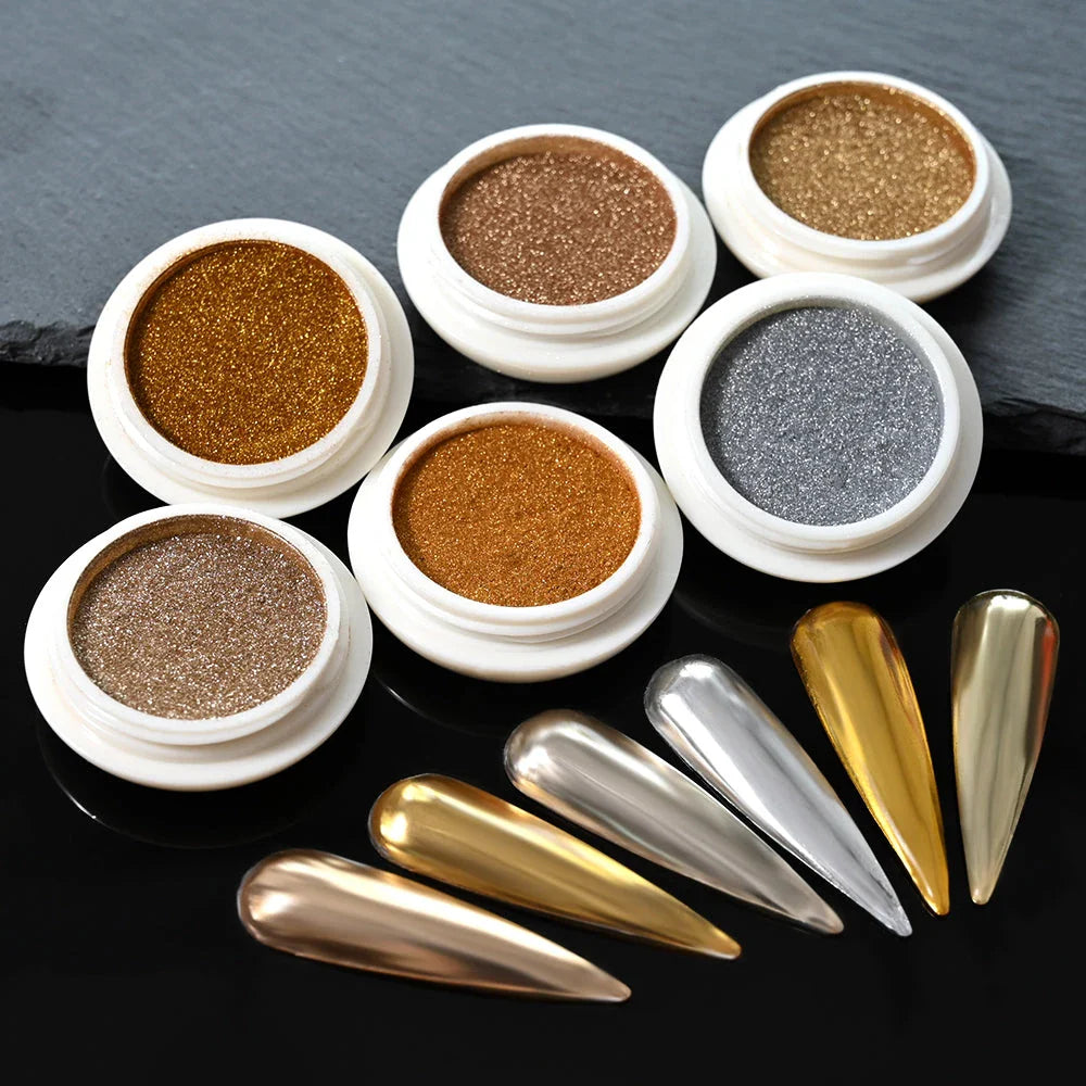 Glamorous mirror chrome metallic nail art powder set with gold and silver color options