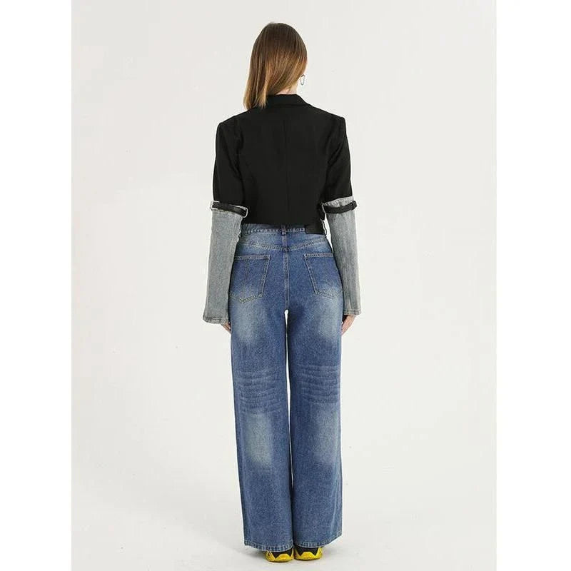 Stylish denim patchwork blazer with a unique design, perfect for autumn fashion