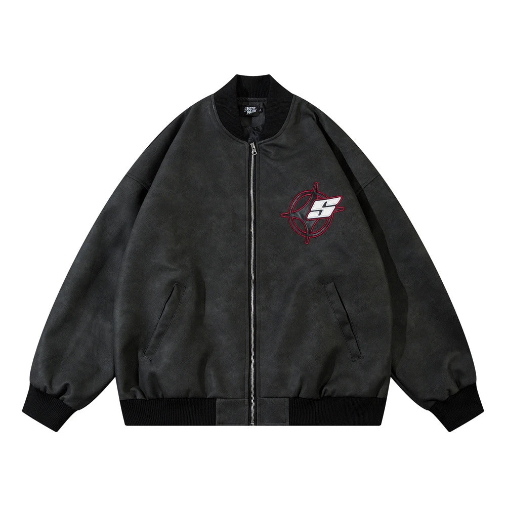 Fashionable Loose PU Leather Jacket with Star Embroidery Design in Black and Gray Green Colors