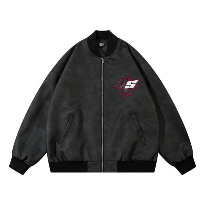 Fashionable Loose PU Leather Jacket with Star Embroidery Design in Black and Gray Green Colors