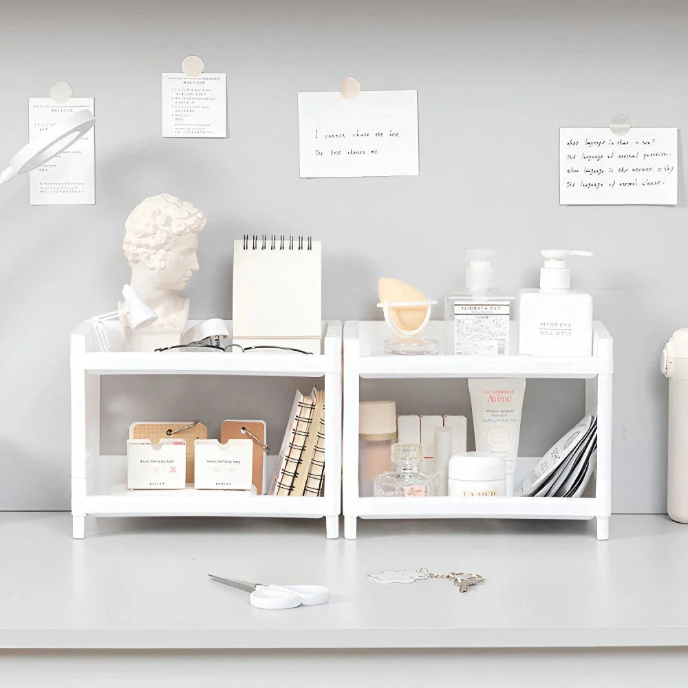 Sleek white desktop organizer with two-tier storage compartments for keeping office supplies, cosmetics, and other essentials neatly organized on a desk or countertop