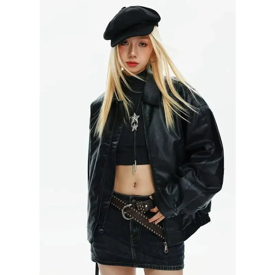 Edgy women's bomber jacket with zippered closure and turn-down collar, perfect for autumn and winter streetwear style