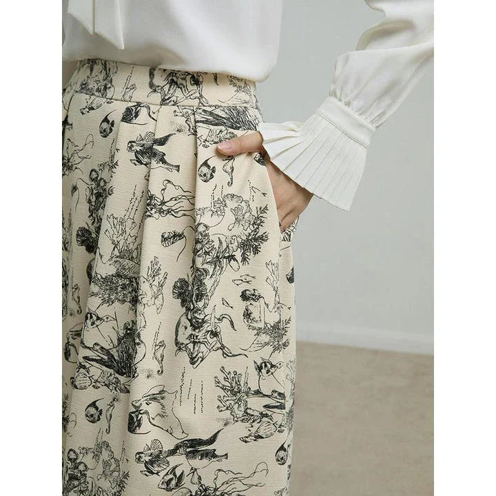 Premium polyester A-line midi skirt with unique ink animal print, designed for stylish winters.
