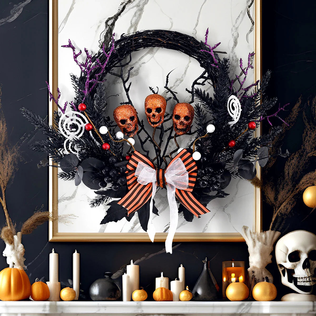 Spooktacular Halloween Skull Wreath with simulated yellow skulls, a chilling yet elegant addition to your holiday decor