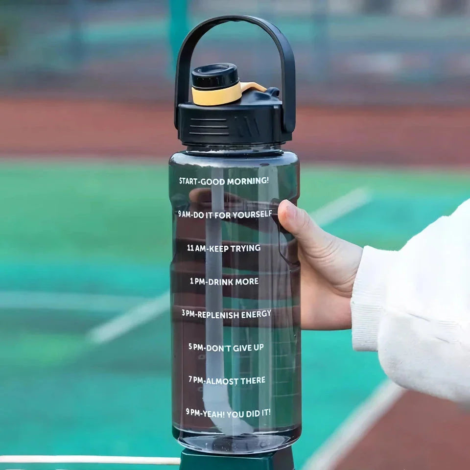 A large capacity sports water bottle with a straw lid and time stamps, designed for ultimate hydration and convenience.