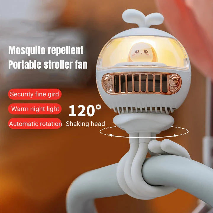 Cartoon Safety Bladeless Stroller Fan with adorable doll night light feature for keeping babies cool and comfortable