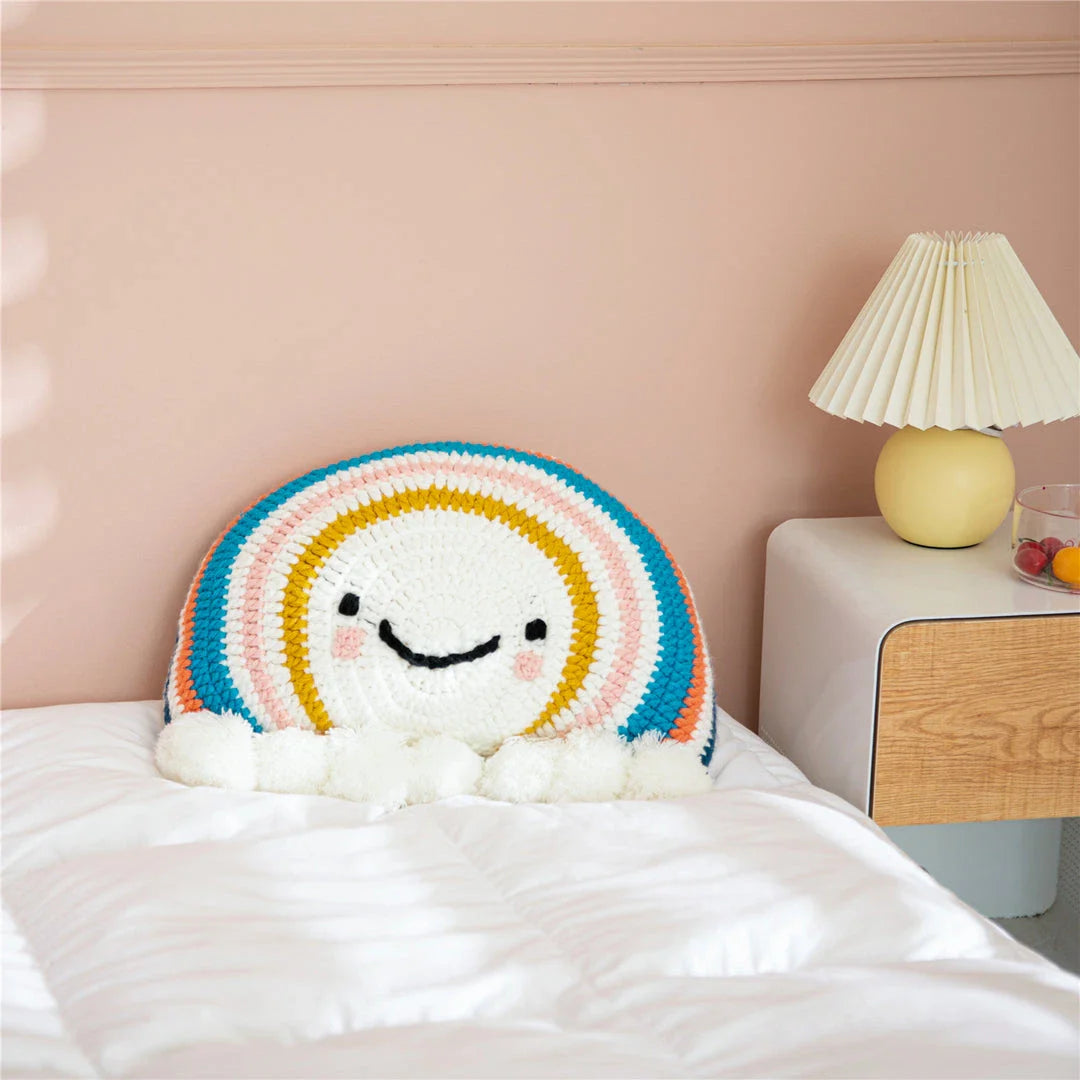 Cute cartoon rainbow sunflower decorative cushion with colorful pompom accents and a soft, supportive design