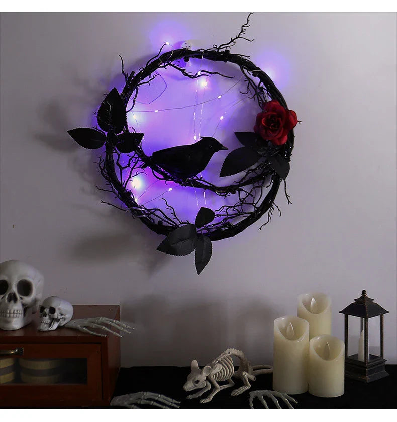 Glowing Dead Wood Black Crow Halloween Garland Decoration with Eerie Lighting Effect