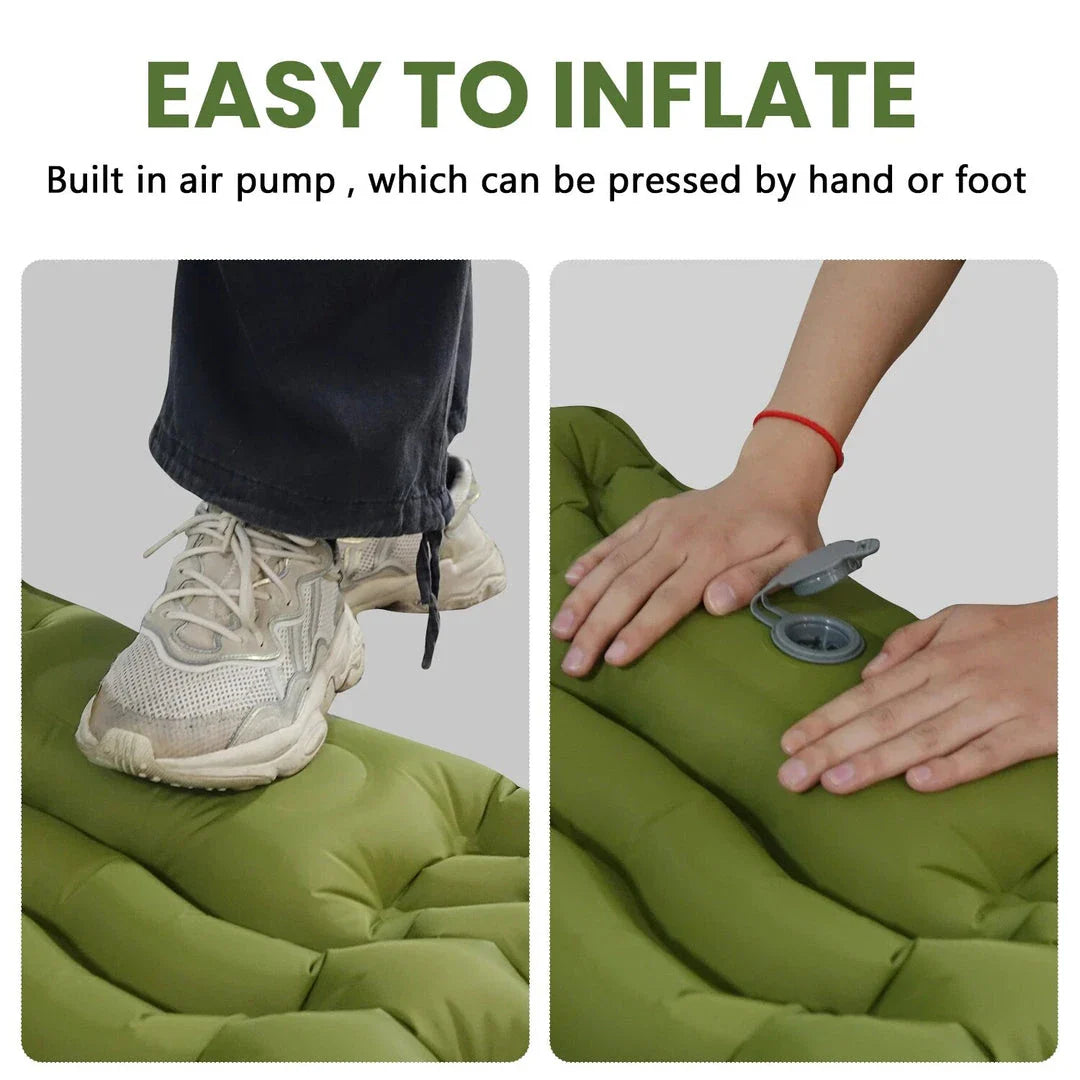 Inflatable camping mattress with built-in pillow and pump for comfortable outdoor sleeping