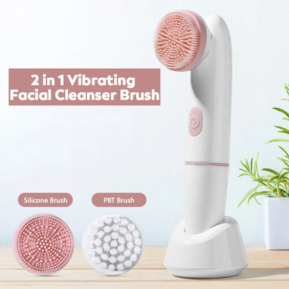 Trendha 2-in-1 Waterproof Electric Face Cleansing Brush and Massager in pink color