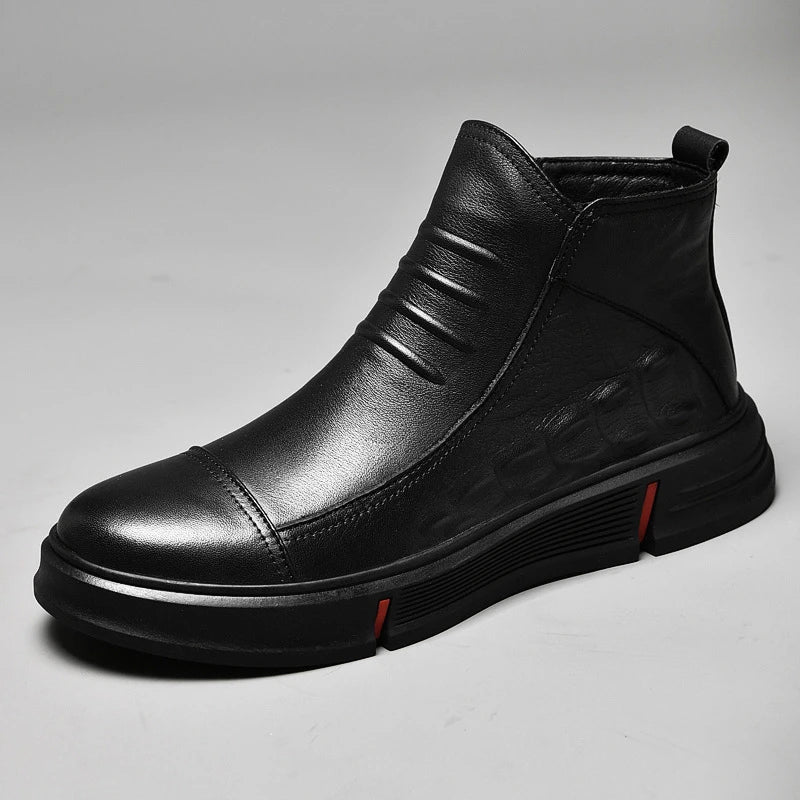 Premium casual leather boots for men in a durable martin boot style with a black color and rubber sole